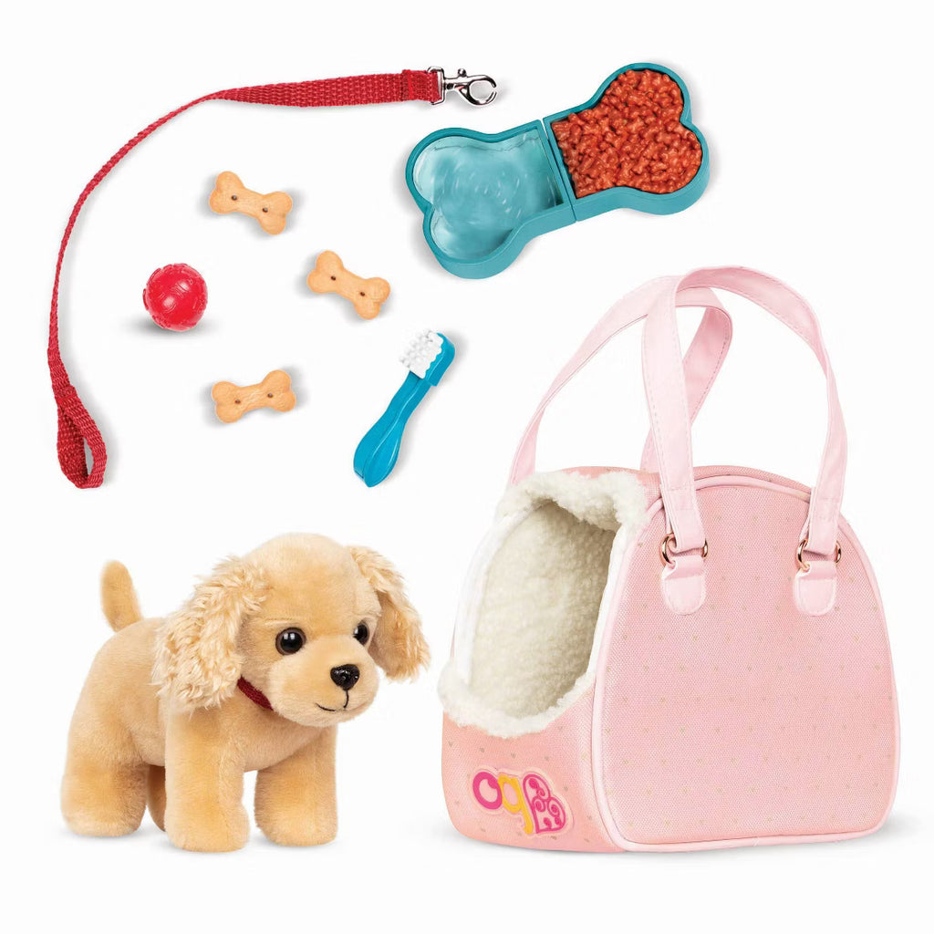 Our Generation Hop In Dog Carrier & Pet Plush Puppy for 18" Dolls: Doll Accessories with Leash & Collar Set